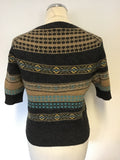 HOBBS NW3 DARK GREY,FAWN & TURQUOISE WOOL BLEND SHORT SLEEVE JUMPER SOZE 12