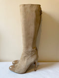 LK BENNETT MOYA BEIGE SUEDE & PATENT LEATHER TOE HEELED KNEE LENGTH BOOTS SIZE 6/39