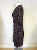 BRORA DARK GREY, GREEN & PURPLE FLORAL PRINT WOOL BLEND TEA DRESS SIZE 12