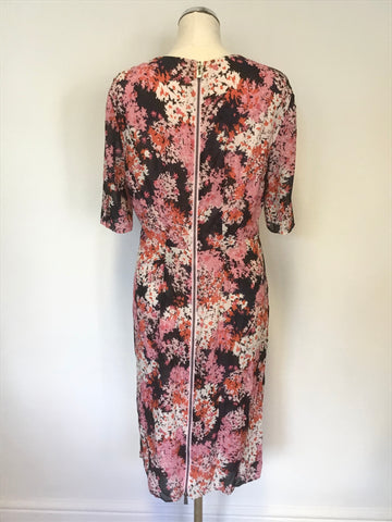 WHISTLES PINK,ORANGE & NAVY PRINT SILK SHORT SLEEVE DRESS SIZE 16