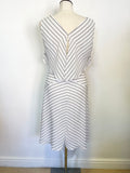 REISS RHONI IVORY & FINE BLACK STRIPE FIT & FLARE ASYMMETRIC HEM DRESS SIZE 12