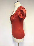 KAREN MILLEN RED SILK TRIM & SHORT SLEEVE JUMPER SIZE 2 UK 10/12