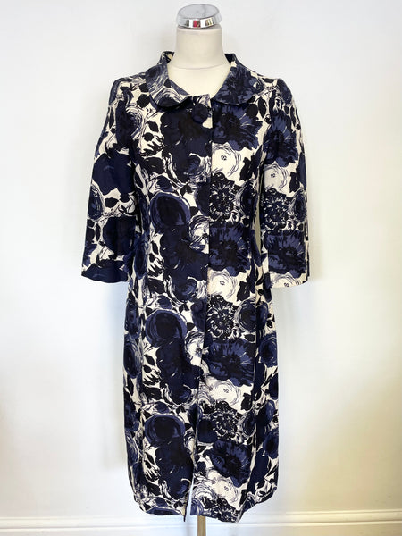 LK BENNETT NAVY BLUE & IVORY FLORAL PRINT LINEN & SILK SPRING/ SUMMER COAT SIZE 8