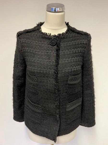 ZARA BLACK TWEED LONG SLEEVE COLLARLESS BOX JACKET SIZE XS