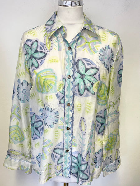 SIGRID OLSEN BLUE,WHITE,LILAC & GREEN FLORAL PRINT 100% SILK LONG SLEEVED SHIRT SIZE M