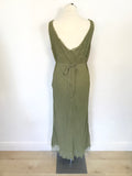 JIGSAW OLIVE GREEN SILK SLEEVELESS FRILL TRIM BIAS CUT DRESS SIZE 16