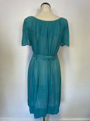 BRORA TURQUOISE ORGANIC LINEN TIE WAIST SHORT SLEEVE SHIFT DRESS SIZE 12