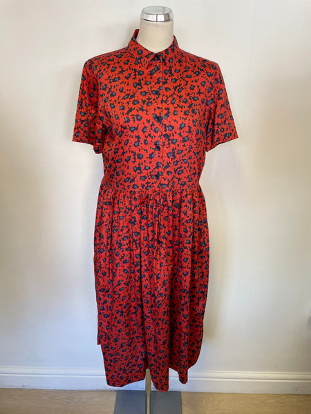 TOAST RED & NAVY DAISY PRINT SHORT SLEEVE COTTON DRESS SIZE 14