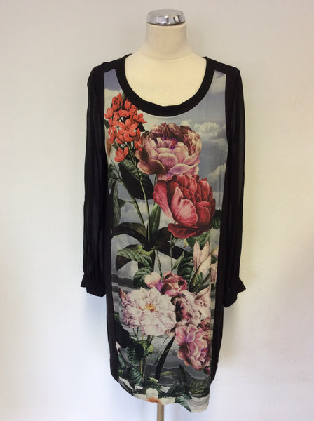 RIANI BLACK & MULTI COLOURED FLORAL PRINT SHIFT DRESS SIZE 14