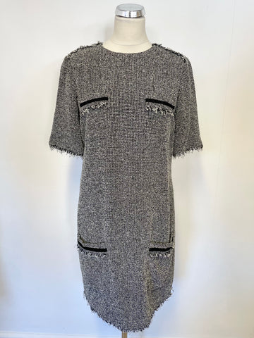 LK BENNETT DARYA BLACK & CREAM TWEED SHORT SLEEVE SHIFT DRESS SIZE 14