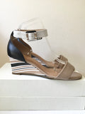 MODA IN PELLE FAWN,BLACK & WHITE STRIPE WEDGE HEEL SANDALS SIZE 5/38