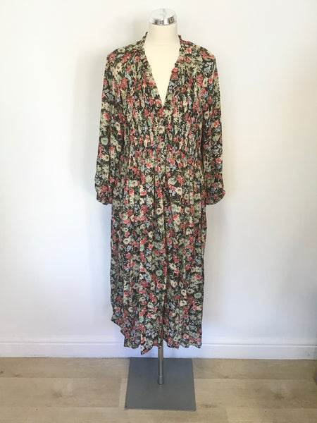 ZARA MULTI COLOURED FLORAL PRINT 3/4 LENGTH SLEEVE BUTTON FRONT DRESS SIZE XL