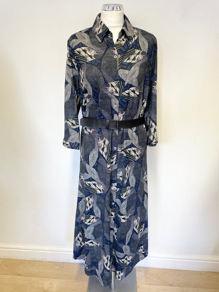 K DESIGN BLUE & GREY PATTERNED 3/4 SLEEVE BELTED MIDI DRESS SIZE XL