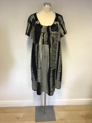 JIGSAW BLACK,GREEN & GREY PRINT SILK SHORT SLEEVE DRESS SIZE 16