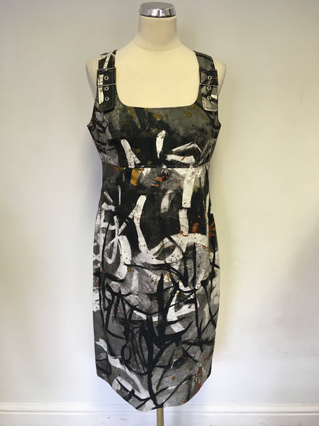 BRAND NEW TUZZI DARK GREY,BLACK,ORANGE & WHITE PRINT SHIFT DRESS SIZE 14