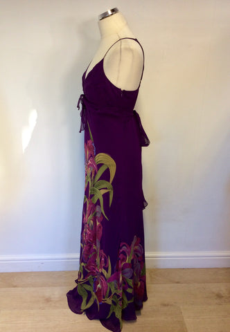 KAREN MILLEN PURPLE SILK FLORAL PRINT DETAIL MAXI DRESS SIZE 14