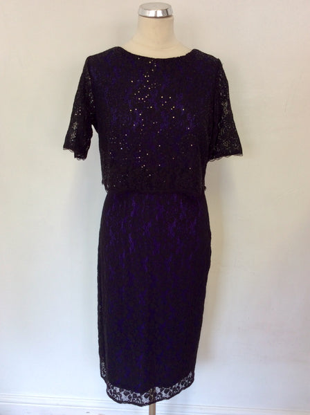 M&CO BLACK LACE & PURPLE LINED SEQUIN TRIM PENCIL DRESS SIZE 14