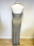 HOBBS SILVER GREY BEADED & SEQUINNED LONG HALTERNECK DRESS & MATCHING BOLERO SIZE 12