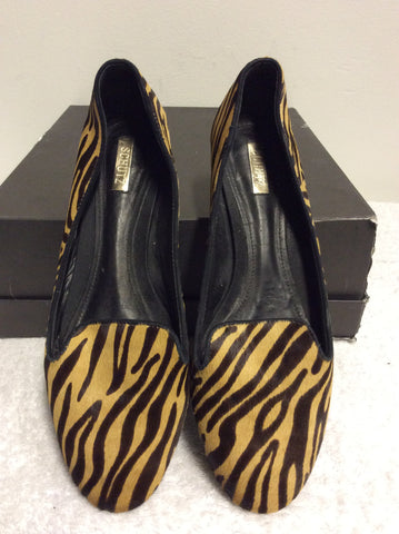 SCHUTZ DARK BROWN & CAMEL ZEBRA PRINT PONYSKIN FLATS SIZE 5/38