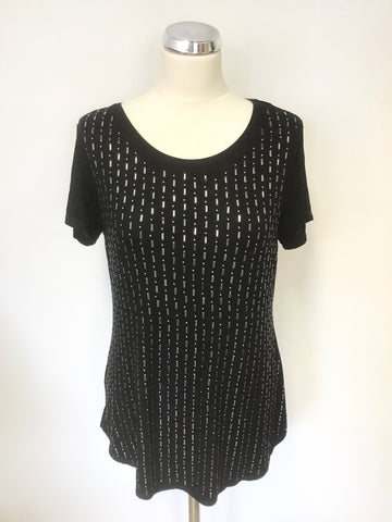 KAREN MILLEN BLACK & SILVER BEADED FRONT SHORT SLEEVE TOP / T SHIRT SIZE 14