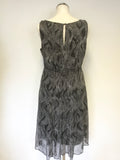 MONSOON GREY & WHITE PRINT SLEEVELESS PLEATED DRESS SIZE 14