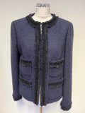 LK BENNETT CHARLEE SLOANE BLUE COLLARLESS TEXTURED JACKET SIZE 14