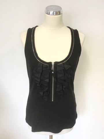 KAREN MILLEN BLACK ZIP & SILK PLEATED TRIM SLEEVELESS VEST TOP SIZE 14