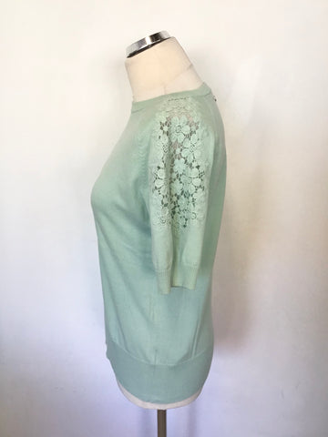 KAREN MILLEN MINT GREEN LACE TRIM SHORT SLEEVE JUMPER SIZE 4 UK 14