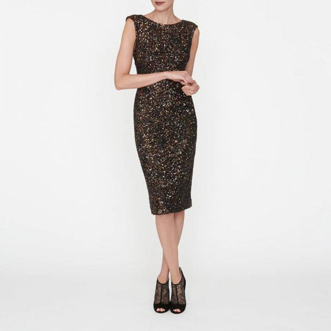 LK BENNETT QUINN BLACK & BRONZE SEQUINNED SLEEVELESS COCKTAIL DRESS SIZE 10