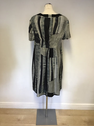 JIGSAW BLACK,GREEN & GREY PRINT SILK SHORT SLEEVE DRESS SIZE 16