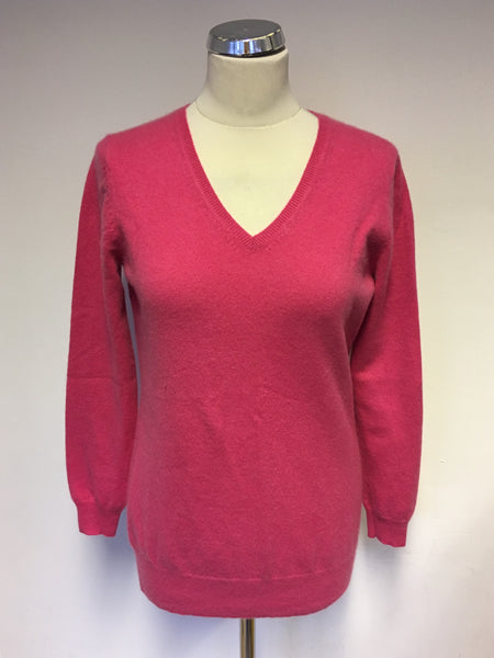 MARKS & SPENCER BRIGHT ROSE PINK CASHMERE V NECK JUMPER SIZE 14