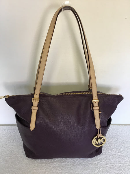 MICHAEL KORS AUBERGINE & BEIGE STRAPS LEATHER TOTE BAG