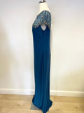 LM BY MIGNON TEAL MESH & JEWEL EMBELLISHMENT LONG EVENING DRESS SIZE 10 UK 14