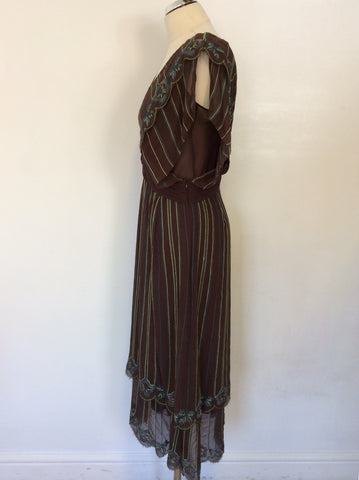 KAREN MILLEN BROWN SILK EMBROIDERED DRESS SIZE 14