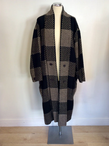 LAUREL BLACK & BROWN CHECK PURE NEW WOOL OVERSIZE COAT SIZE 38 UK 12