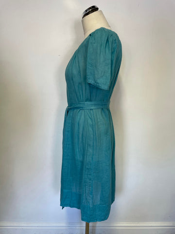 BRORA TURQUOISE ORGANIC LINEN TIE WAIST SHORT SLEEVE SHIFT DRESS SIZE 12