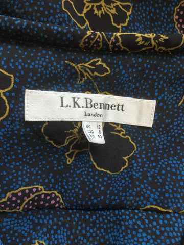 LK BENNETT LETICIA BLUE FLORAL PRINT SILK TOP SIZE 12