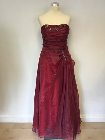 BRAND NEW YUNJAN BURGUNDY STRAPLESS SEQUINNED BALLGOWN & MATCHING WRAP SIZE 12