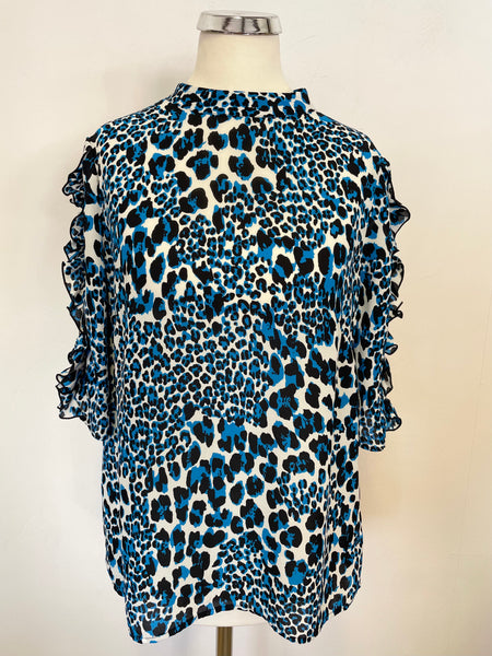 BRAND NEW KAREN MILLEN TURQUOISE,BLACK & WHITE PRINT FRILL TRIM SLEEVE TOP SIZE 12