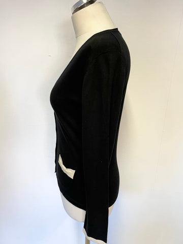 LK BENNETT BLACK SILK, COTTON & CASHMERE BLACK & IVORY TRIM FINE KNIT CARDIGAN SIZE M