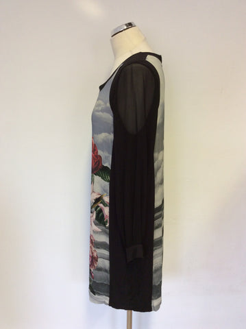 RIANI BLACK & MULTI COLOURED FLORAL PRINT SHIFT DRESS SIZE 14