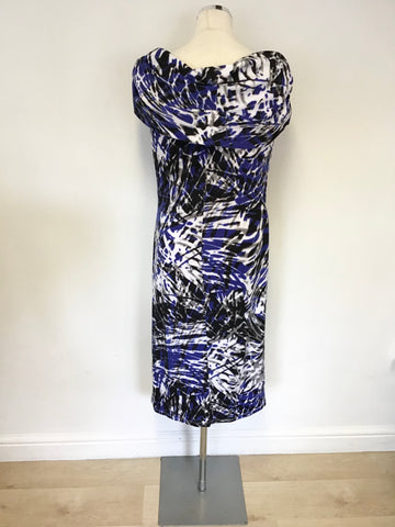 PIED A TERRE BLUE,BLACK,WHITE & GREY PRINT STRETCH PENCIL DRESS SIZE 16