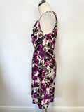 LK BENNETT IVORY BLACK & MAGENTA FLORAL PRINT SLEEVELESS PENCIL DRESS SIZE 12