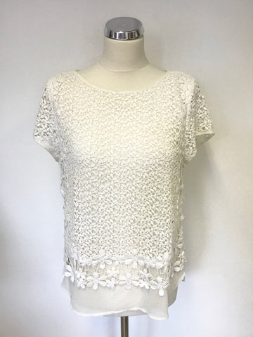 MINT VELVET WHITE CROCHET OVERLAY SHORT SLEEVE TOP SIZE 14