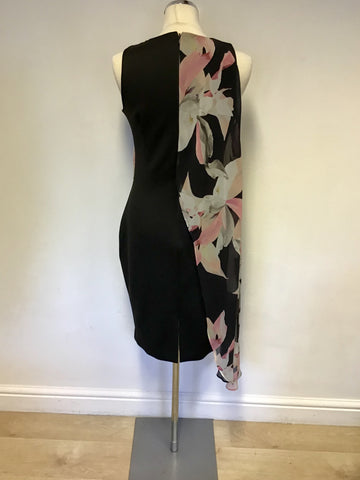 COAST BLACK STRETCH PENCIL DRESS WITH FLORAL PRINT ASYMMETRIC OVERLAY SIZE 12