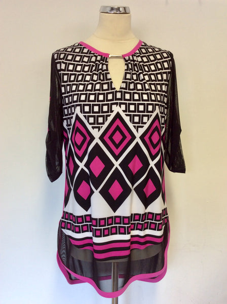 JOSEPH RIBKOFF BLACK,PINK & WHITE PRINT TUNIC TOP SIZE 12