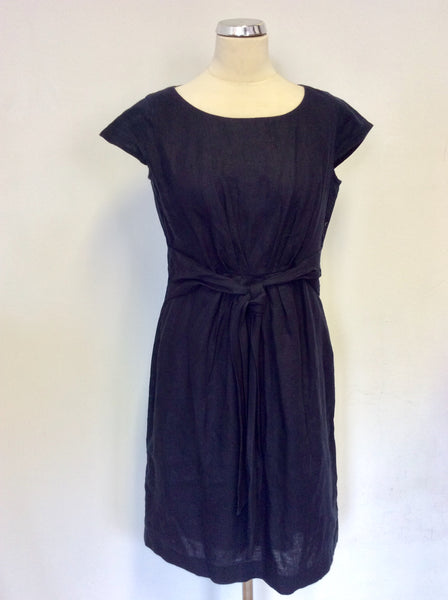 HOBBS DARK BLUE LINEN TIE FRONT CAP SLEEVE DRESS SIZE 12