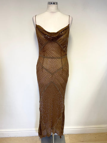 MONSOON BRONZE BEADED & SEQUINNED SILK STRAPPY EVENING DRESS SIZE 12