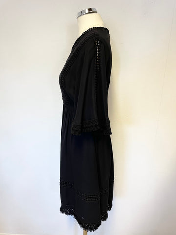 WHISTLES BLACK WITH LACE & FRINGE TRIM SHORT SLEEVE DRESS SIZE 8