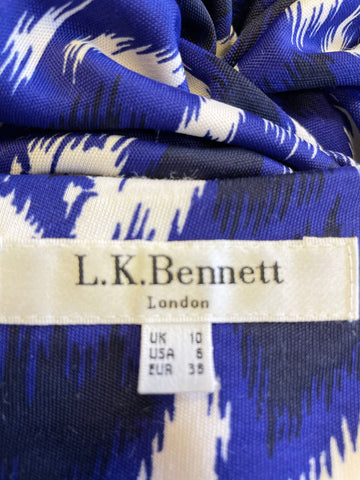 LK BENNETT SARAH ROYAL BLUE & WHITE PRINT 3/4 SLEEVE STRETCH JERSEY DRESS SIZE 10